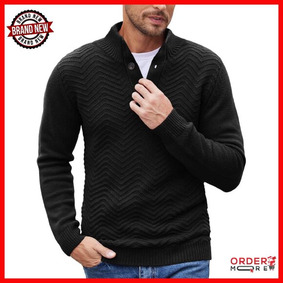 Men's Quarter Button Cable Knit Pullover Sweater Mock Neck Slim Fit